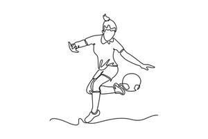 Continuous one line drawing young attractive female football midfielder performing control trick a ball to pass opponent. Soccer league competition. Single line draw design graphic illustration vector
