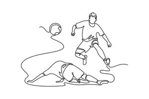 Single continuous line drawing of young aggressive football player defender performing tackle to seizing ball from opponent player. Soccer competition. One line draw graphic design illustration vector