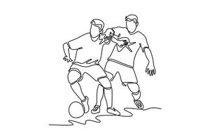Single continuous line drawing two football player defender and midfielder fighting for a ball at soccer league championship competition. Sports match concept. One line draw design illustration vector