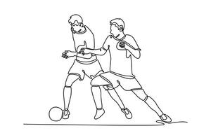 Single continuous line drawing young energetic football player forward try to pass opponent defender and score the ball to goal. Soccer match sports. One line draw graphic design illustration vector