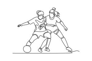 Single continuous line drawing two beautiful female football player fighting for the ball at game play. Woman soccer league competition match. Dynamic one line draw graphic design illustration vector