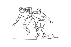 Single continuous line drawing two competitive energetic football player fighting for the ball at game play. Soccer league competition match. Dynamic one line draw graphic design illustration vector