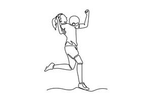 Continuous one line drawing young energetic female football midfielder controlling ball on her chest at game play. Soccer league competition match. Single line draw design graphic illustration vector