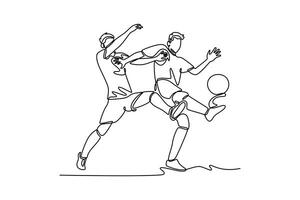 Single continuous line drawing two young football player defender and striker duel for the ball at national stadium. Soccer league competition. Dynamic one line draw graphic design illustration vector