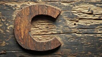 Rustic Wooden Letter C on Weathered Wood Background photo