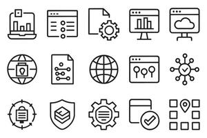 Data analytics internet network security icon set editable stroke outline isolated flat illustration on white background. vector