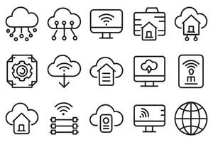 Cloud computing big data icon set editable stroke outline isolated flat illustration on white background. vector