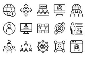 Online networking community icon set editable stroke outline isolated flat illustration on white background vector