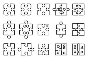 Puzzle piece icon set editable stroke outline isolated flat illustration on white background. vector