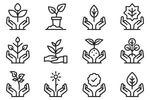Planting showcasing a hand placing a seedling into the soil related editable stroke outline icon set flat illustration. vector