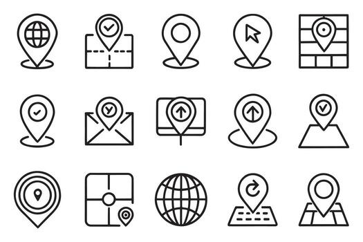 Pin with map icon set editable stroke outline isolated flat illustration on white background. vector