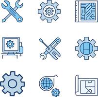 Collection of Blue Line Icons Representing Technical Support Gear Maintenance and Global Settings vector