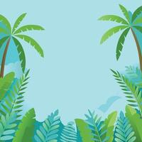 Lush Tropical Paradise Setting with Palm Trees and Vibrant Green Foliage Under a Clear Blue Sky vector