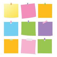 Collection of Nine Colorful Sticky Notes with Pins and Tape vector