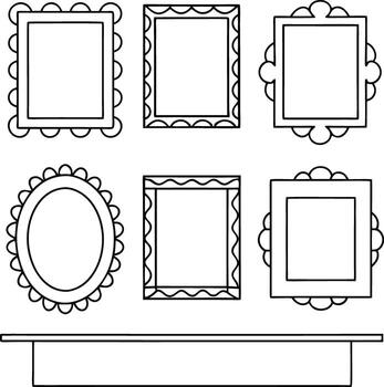 colección de seis decorativo imagen marcos en un estante sencillo línea Arte diseño vector