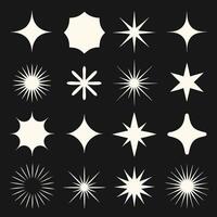 Collection of sixteen diverse white starburst shapes on black background various sizes and styles design elements vector