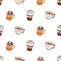 A delightful pattern of various coffee and hot chocolate drinks in charming mugs vector