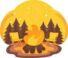 Evening Campfire Scene with Two Folding Chairs Under Starry Night Sky in a Pine Forest vector