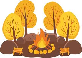 Autumn Campfire Scene with Yellow Trees and Rustic Benches vector