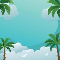 Tropical Paradise Scene with Palm Trees and Fluffy Clouds Under a Bright Blue Sky vector