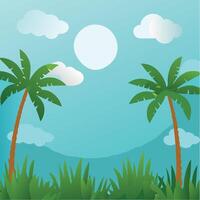 Tropical Paradise Scene with Two Palm Trees Under a Sunny Sky and Lush Green Grass vector