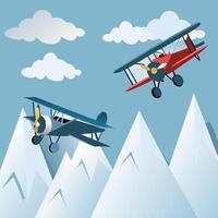 Two Vintage Biplanes Soaring Over Snowy Mountain Peaks Under a Cloudy Sky vector
