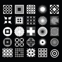 Collection of twenty five monochrome geometric shapes and patterns in grayscale square and circular designs vector