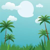 Tropical Paradise Featuring Palm Trees Lush Greenery and a Clear Blue Sky with Fluffy White Clouds vector