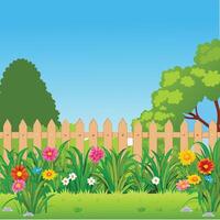 A Charming Summer Garden Scene with Wooden Fence and Colorful Flowers vector