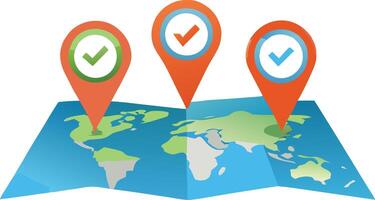 Global Locations Marked on Folded World Map with Checkmarks Indicating Successful Completion or Verification vector
