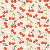 Coquette Seamless Pattern Strawberries with Pink Bow Spring Flower isolated on background vector