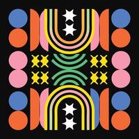 Vibrant Retro Geometric Pattern with Rainbow Arcs Stars and Circles vector