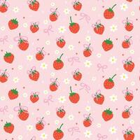 Coquette Spring Flower Strawberries with Pink Bow Seamless Pattern isolated on background vector