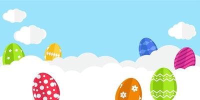 Bright easter border with colorful paper cut eggs and clouds. Easter celebration background vector