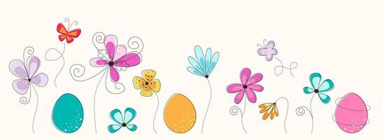 Bright easter border with colorful flowers and butterflies. Easter celebration background. Seamless spring border for card, invitation. vector