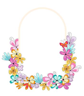 Bright easter arch frame with colorful flowers and butterflies. Easter celebration background. Spring frame for card, invitation.