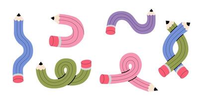 Colorful pencils set illustration. Twisted flexible colorful simple pencil in different shapes like knot, check mark, bend one, doodles. Back to school, teachers day concept. vector