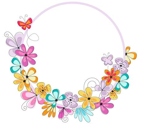Bright easter frame with colorful flowers and butterflies. Easter celebration background. Spring frame for card, invitation.
