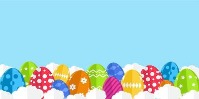 Bright easter footer border with colorful paper cut eggs and clouds. Easter celebration background vector
