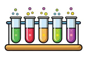 Colorful test tubes with bubbling solutions in a lab rack vector