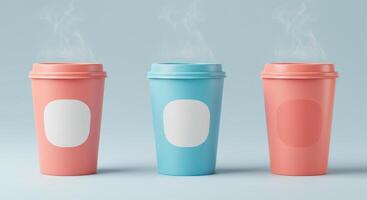 three colorful coffee cups with steam coming out of them photo
