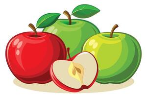 Colorful apples, red and green, with one sliced in half. vector