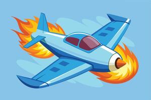 Cartoon illustration of a light blue airplane in flight with flames erupting from its engine. vector