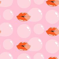 Lips blowing bubble gum seamless pattern. Vintage nostalgia for design and print on pink background. Cute print. Trendy wrapping paper. vector