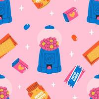 Colorful bubble gum seamless pattern. 80s, 90s, retro style, nostalgic elements. background in vintage style on pink background. vector