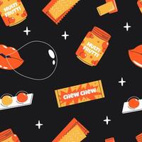 Chewing gum seamless pattern. Lips blowing bubble gum and bubble gum in packaging. Vintage nostalgia for design and print on black background. Cute print. Trendy wrapping paper. vector