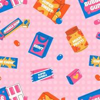 Bubble gum in colorful package seamless pattern. 80s, 90s, retro style, nostalgic elements. background in vintage style on pink background. vector