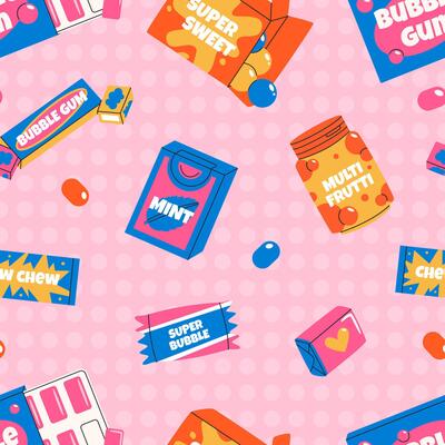 Bubble gum in colorful package seamless pattern. 80s, 90s, retro style, nostalgic elements. background in vintage style on pink background.