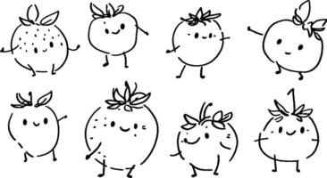 A playful illustration of various cartoon-style fruits, including tomatoes and oranges, with smiling faces and little arms and legs, showcasing different poses and expressions. vector