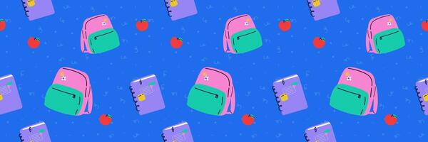 A contemporary seamless pattern with a Back to School theme. Blue background with doodles and backpack, notebook and apples. Trendy illustration. Banner for student. vector